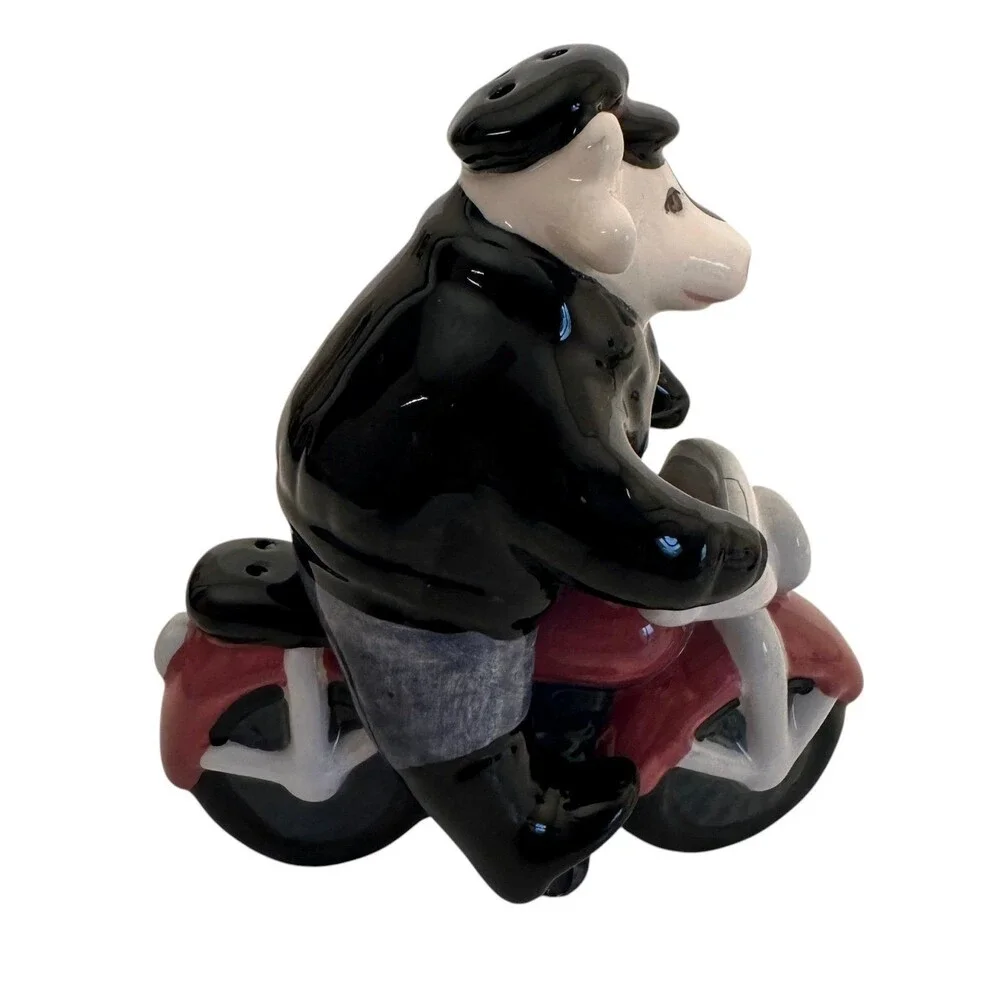 Vintage Cow Black Jacket Motorcycle Biker Salt & Pepper Shakers Stamped Clay Art